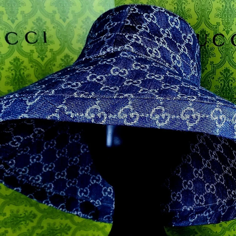 Gucci Denim GG Monogram Bucket Hat  Wide Large Brim Navy Blue Jacquard Beach - Picture 2 of 16